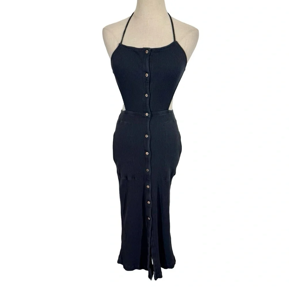 Free People FP Beach Margaret Ribbed Cut Out Backless Midi Dress Black
